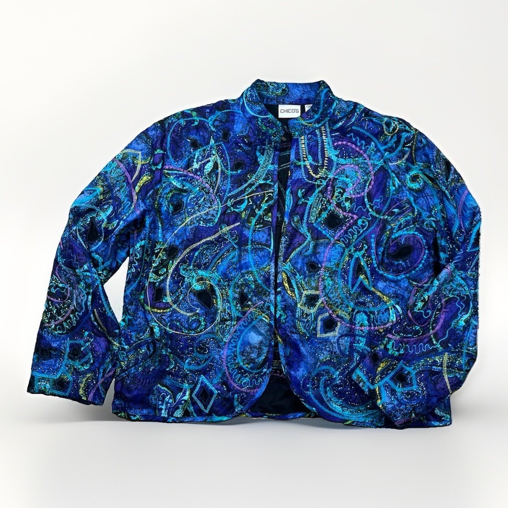 Vtg Chico's L Jacket Beaded Silk Artsy Fairy Boho Peacock Festival Hippie Mesh